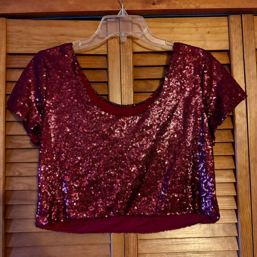 HAODUOYI Red Sequin Crop Top